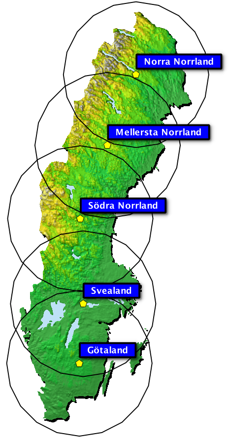 Karta som visar lägen för de fyra anslutningspunkterna för DGNSS; Norra Norrland, Södra Norrland, Svealand och Götaland.